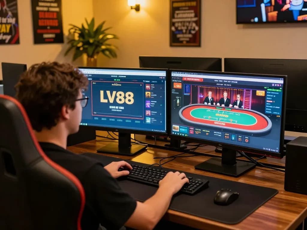 LV88 online gaming setup with poker game interface and live dealer table display