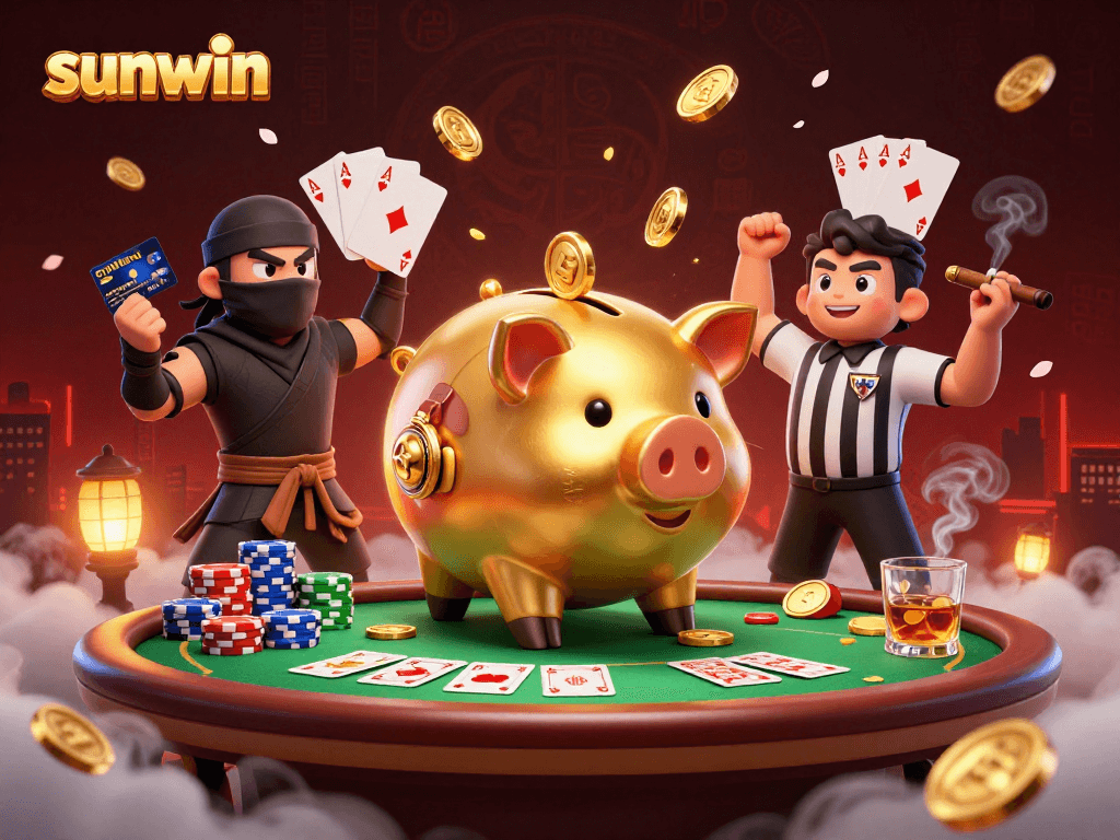 Join sunwin in thrilling poker action with a sumo wrestler, ninja, and referee battling for gold!