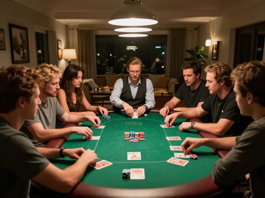 Friends enjoying a lively poker game at home, showcasing 88xx strategy and camaraderie while playing cards