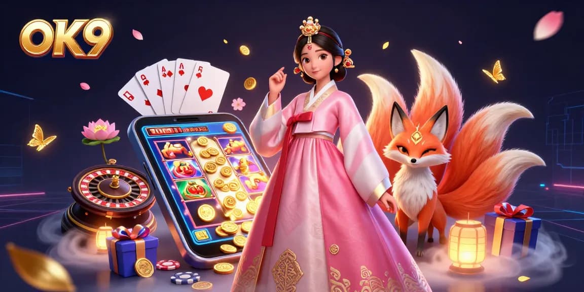 Engage with OK9's enchanting slots and casino games showcased in a vibrant 3D illustration.