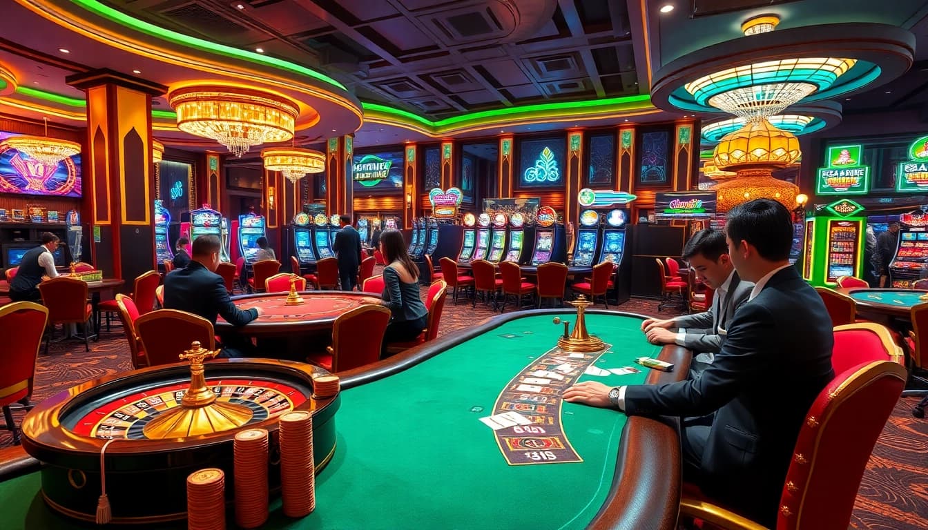 High-stakes gaming scene at sky88 casino, showcasing poker tables, chips, and roulette wheels.