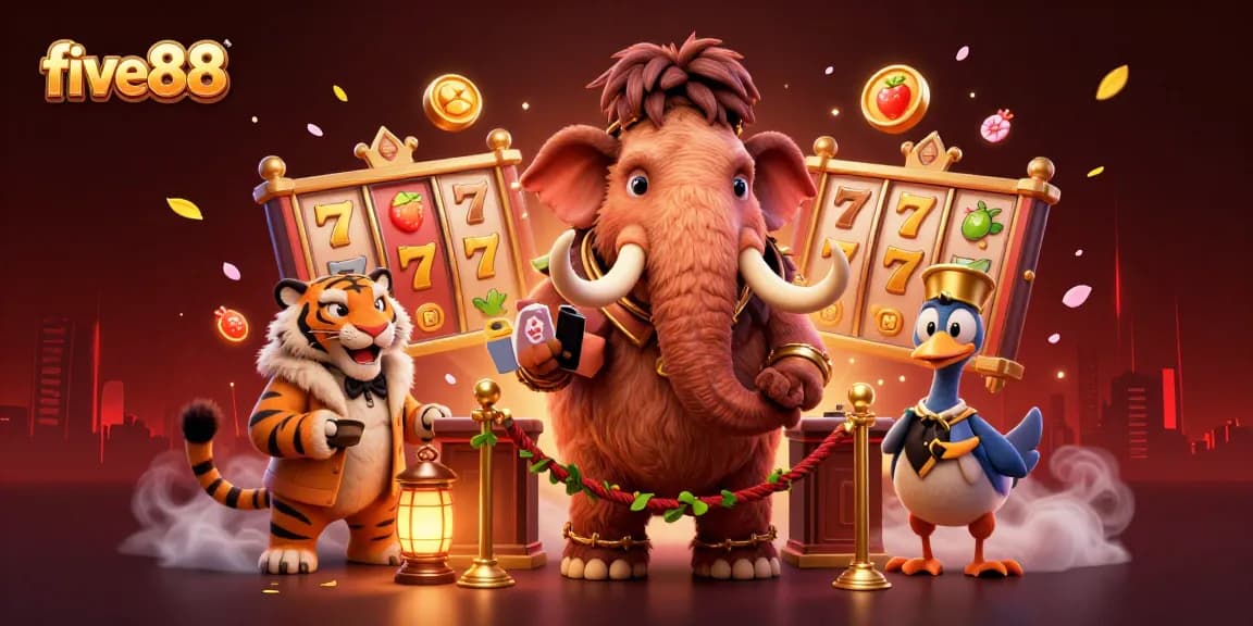 Experience the thrill of five88 with a vibrant casino scene featuring unique characters and slot games.