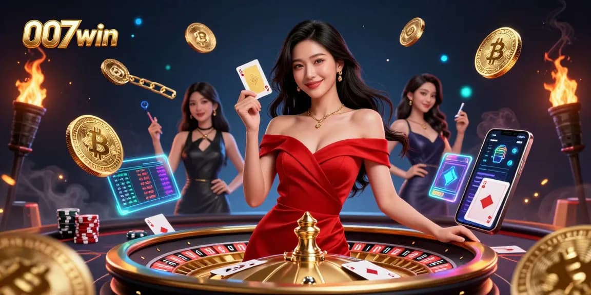 Experience thrilling gameplay at 007win with golden cards, roulette, and vibrant digital elements.