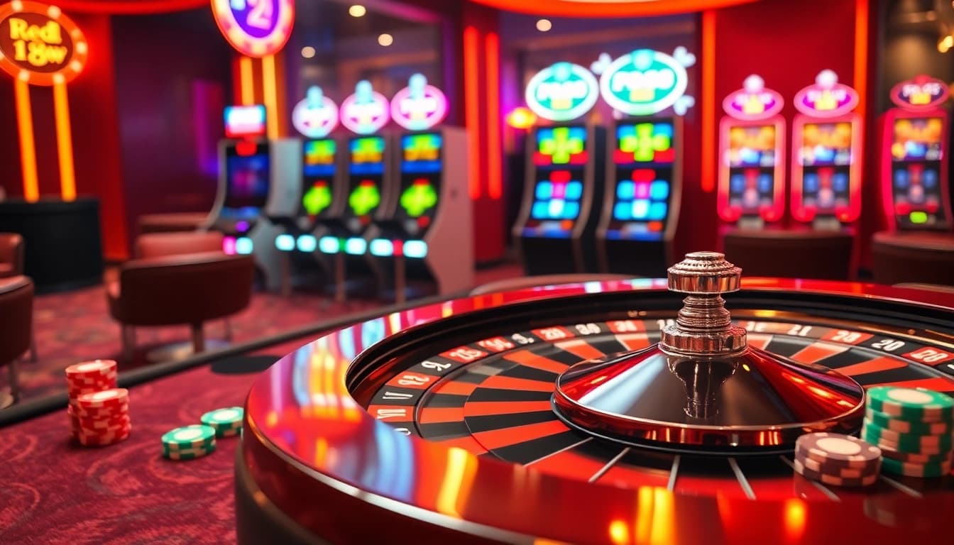 Experience thrilling gameplay at red88 with vibrant casino tables filled with chips and cards.