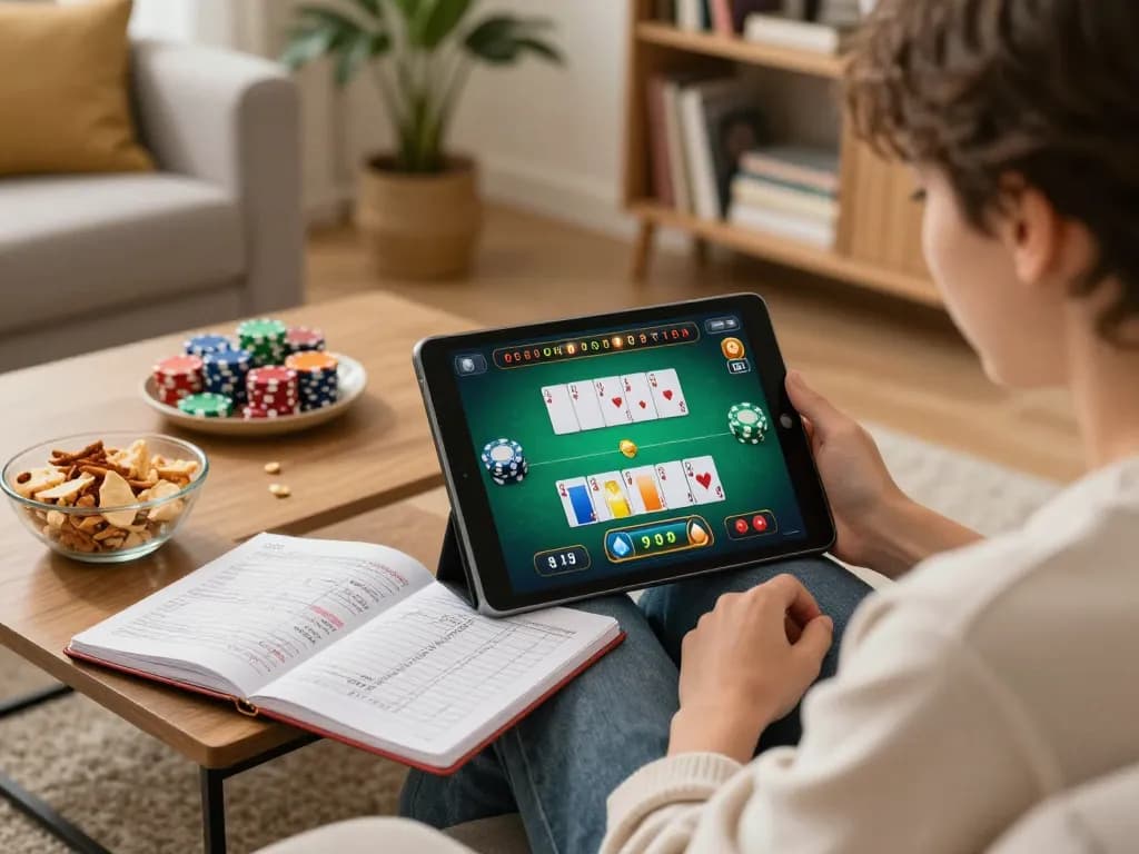 Player enjoys online casino gaming at home with lc88 tablet, showcasing vibrant poker interface.