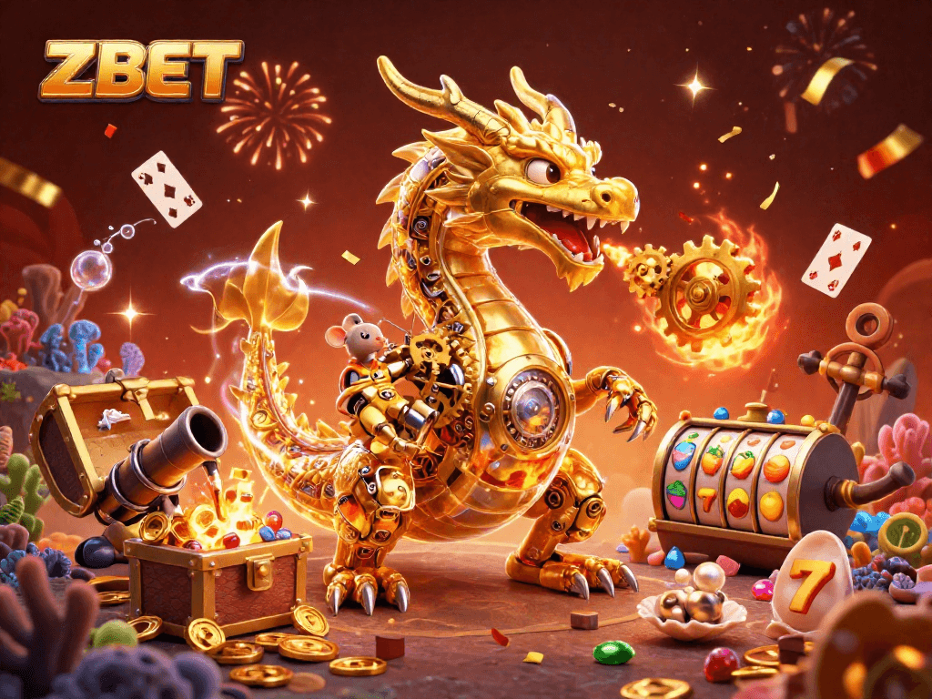 ZBET captures excitement with a golden dragon spewing gears amid vibrant casino elements.