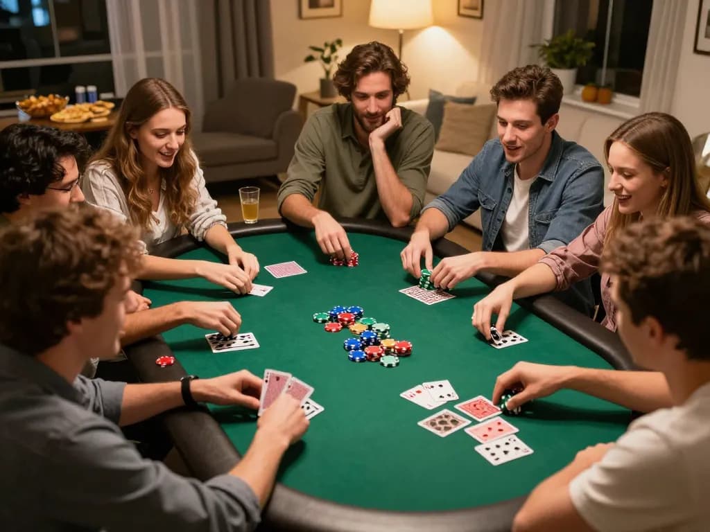 Friends enjoying a poker game night, FABET showcasing colorful chips and engaged gameplay.