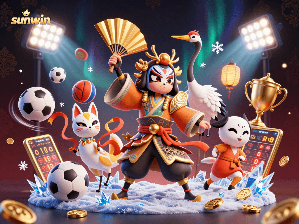 Experience excitement at sunwin with a lively illustration of a kabuki warrior and sports elements.