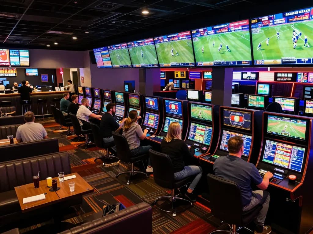 Engaging atmosphere at kèo nhà cái sportsbook with patrons celebrating betting wins.