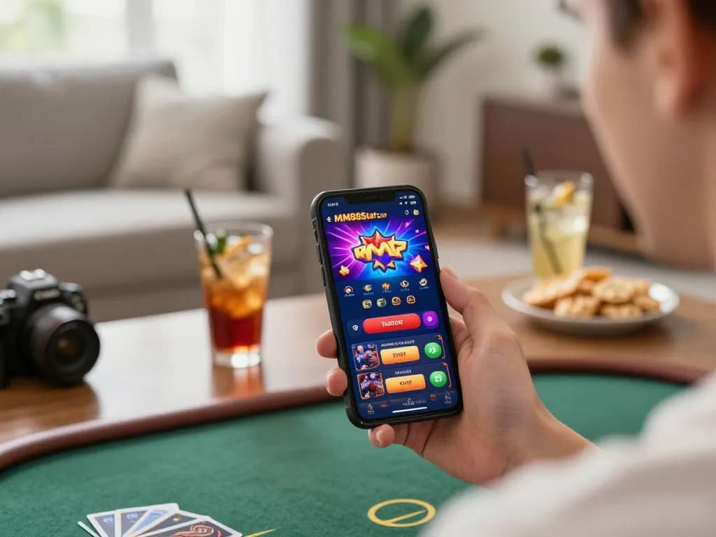 Engaging online gaming experience with MM88Star app displayed on smartphone, cozy home atmosphere
