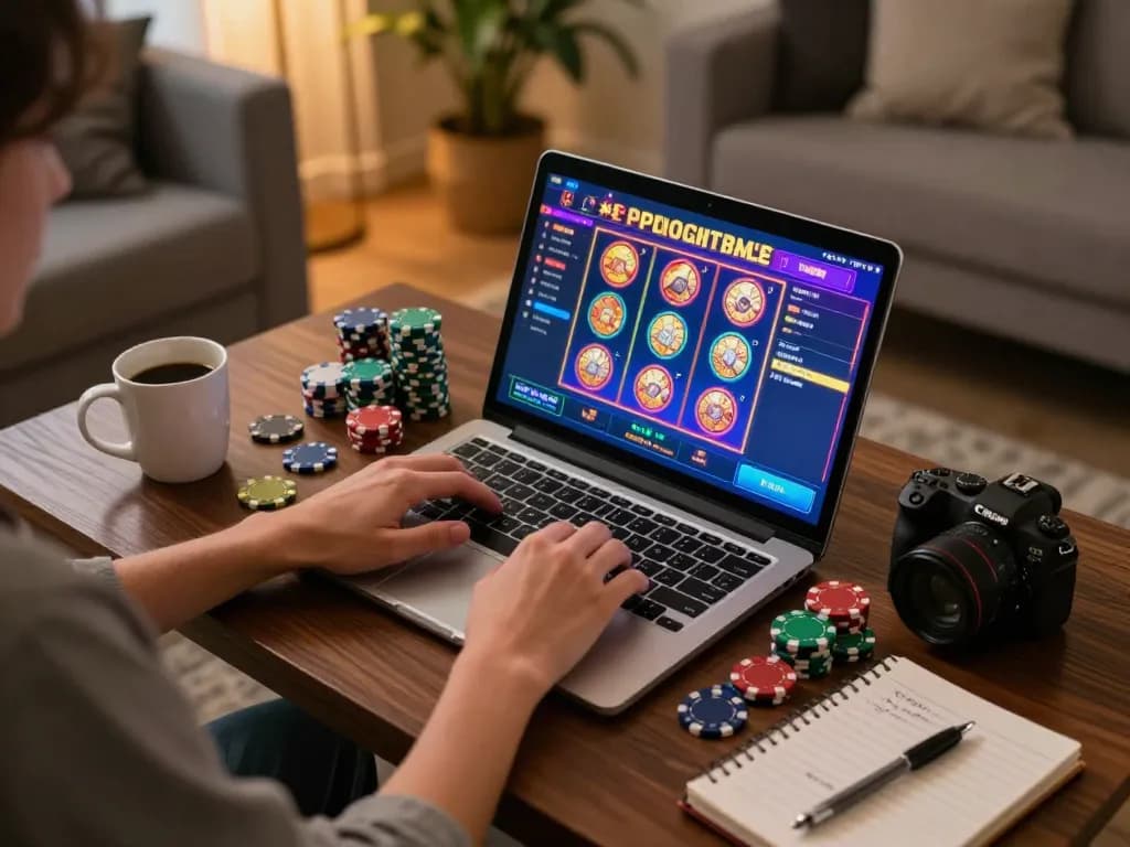 rokok88 player actively engaging with online slots interface during cozy gaming session.