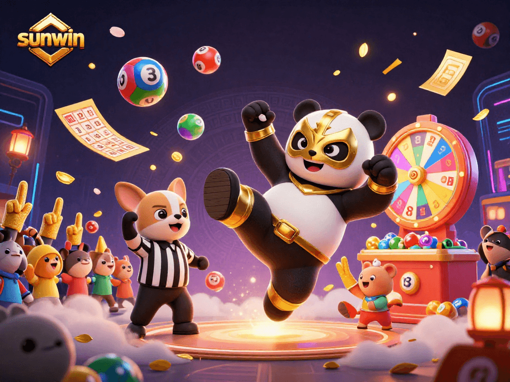 Experience the excitement of sunwin with a panda wrestler and cheering animal spectators during a vibrant casino scene.