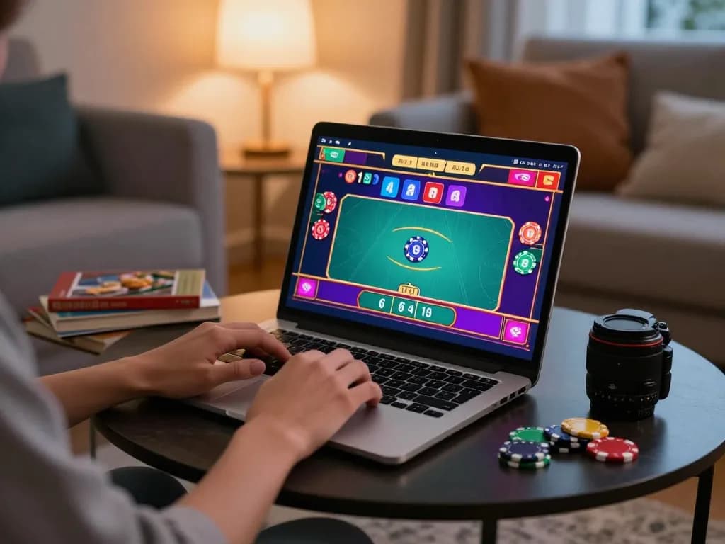 DABET user enjoying a live dealer game online, showcasing strategic gameplay and comfortable home settings.
