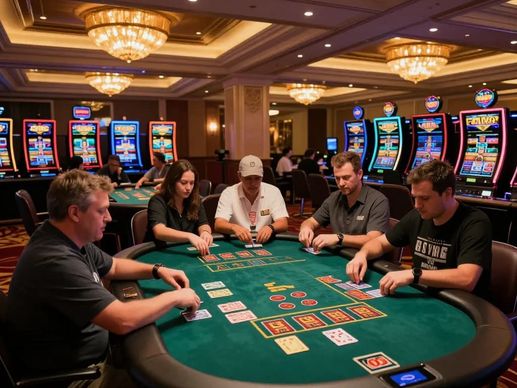 TA88 players strategizing at elegant casino tables with vibrant decor and warm lighting.