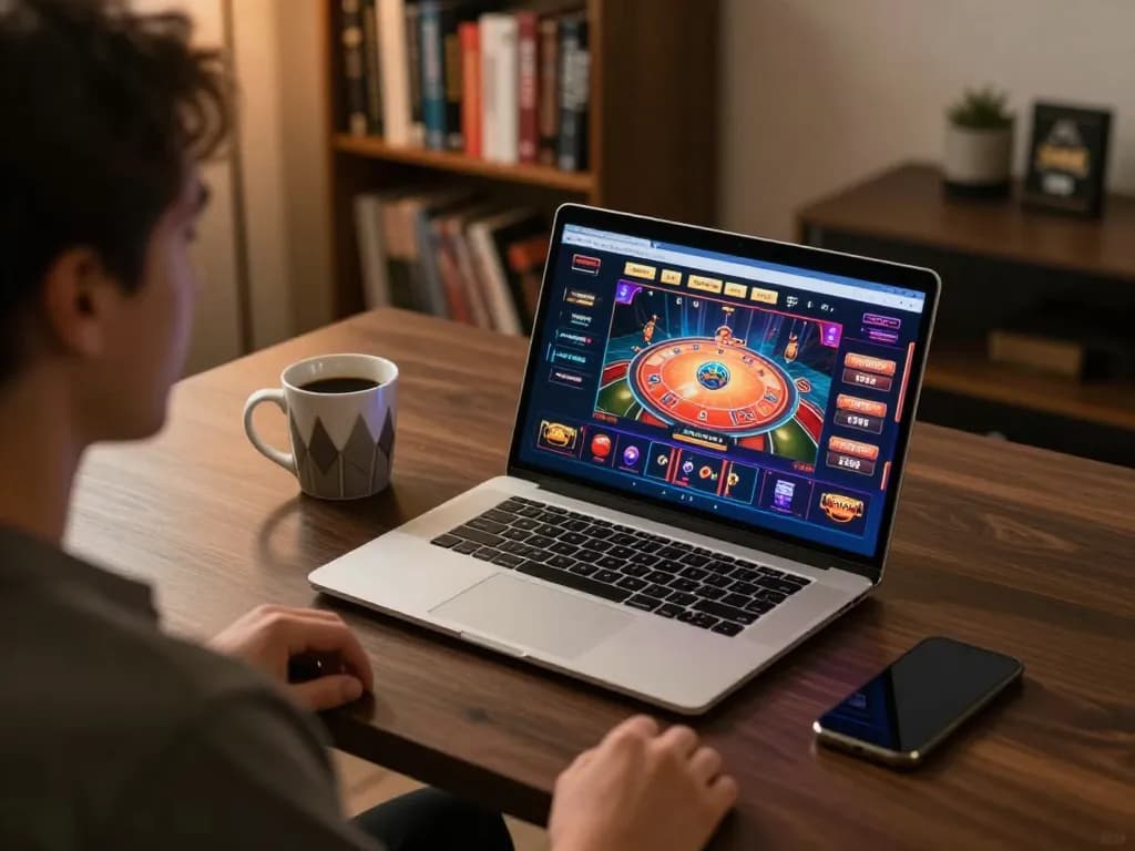 SX88 vom online casino gaming session with laptop and strategy books in cozy home setup.