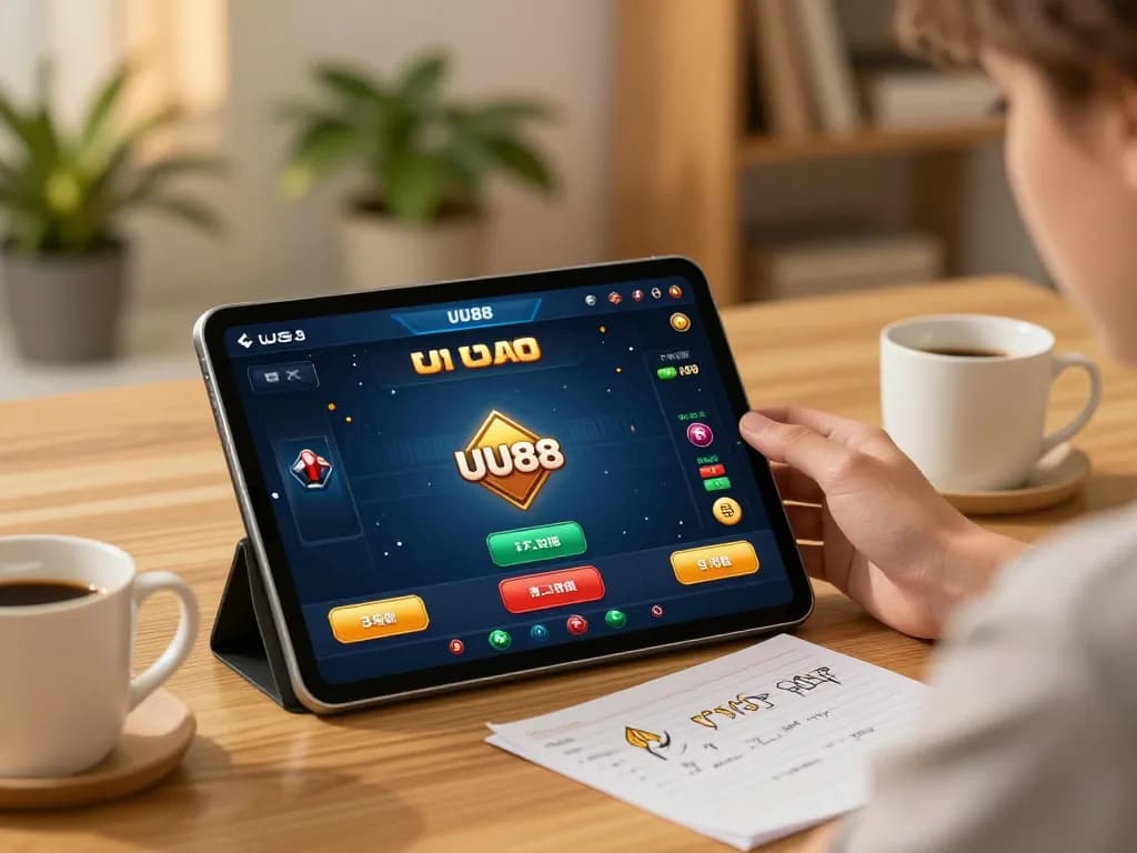 Engaging with UU88 casino platform on a tablet in a cozy home environment.