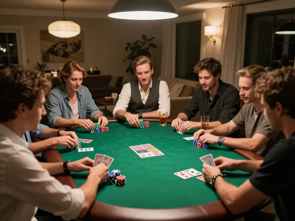 Players enjoying a friendly poker night at home with camaraderie while focusing on their hands, TA88 strategies in action