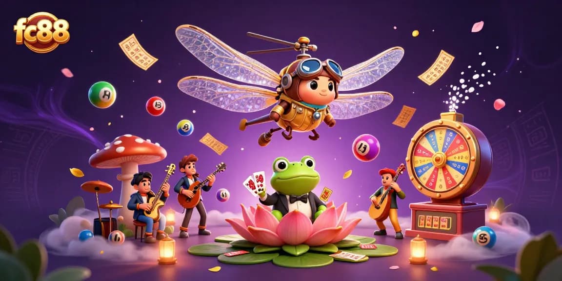 Experience thrilling games at fc88's vibrant lily pad casino with a dragonfly pilot, frog croupier, and music.