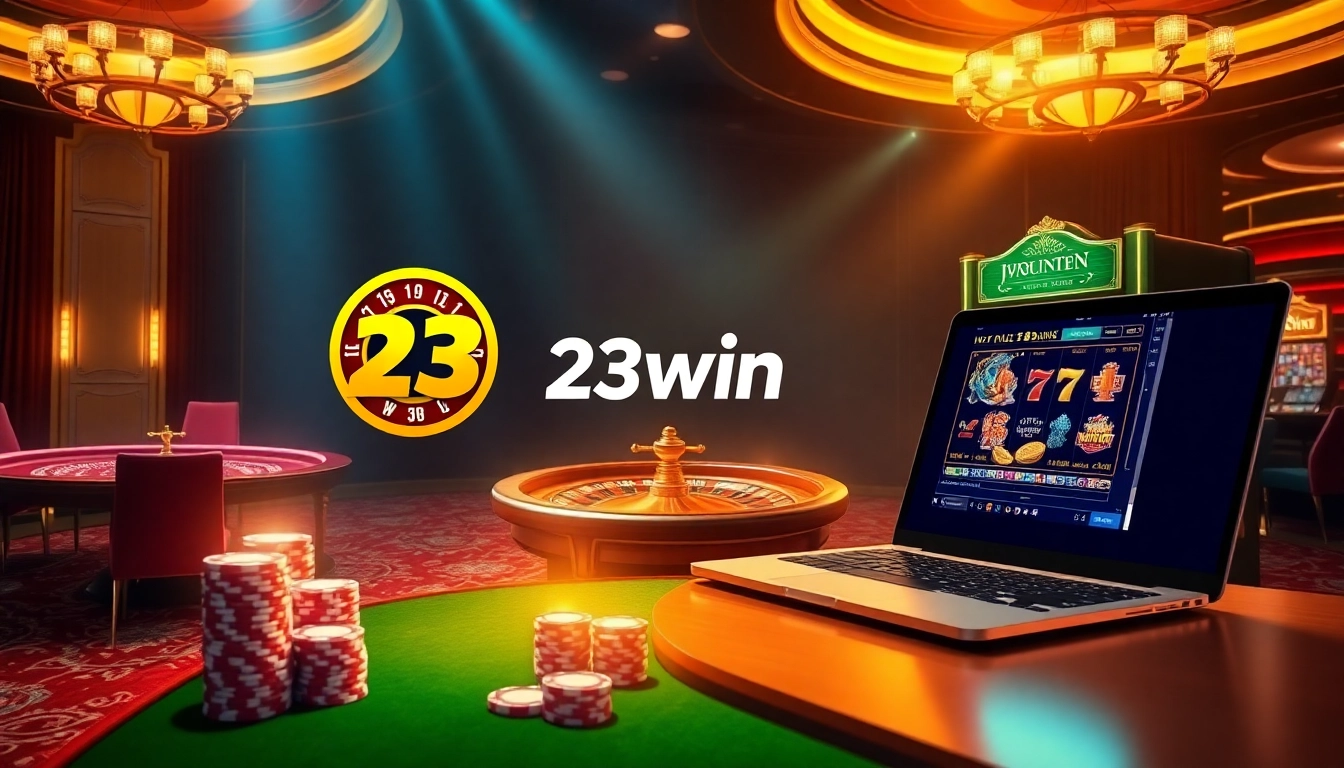 Experience the thrill of winning big on 23win with vibrant visuals of casino games, chips, and roulette.