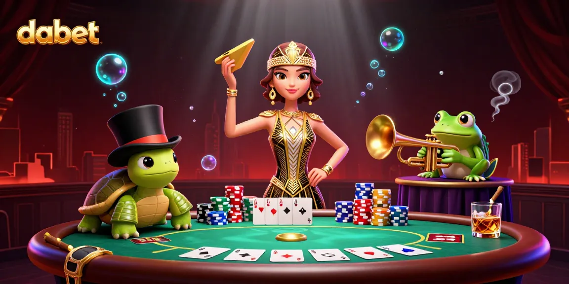 Dabet players engage in a high-stakes poker game with vibrant characters and dynamic casino elements.