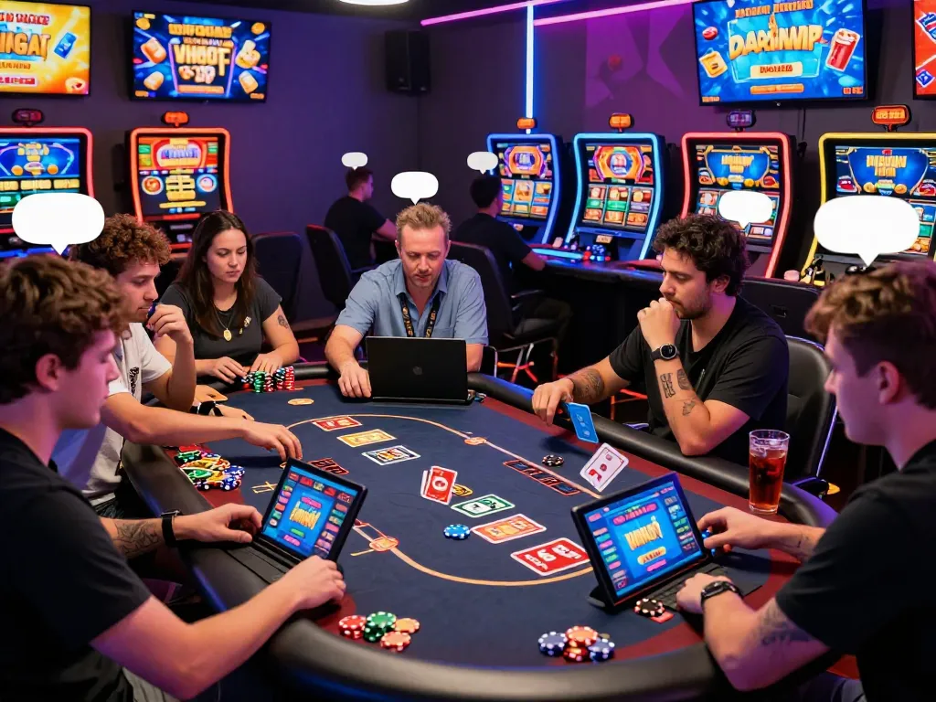 Engaging online gaming scene at https://bomwin.jp.net/ showing diverse players enjoying a vibrant virtual casino atmosphere.