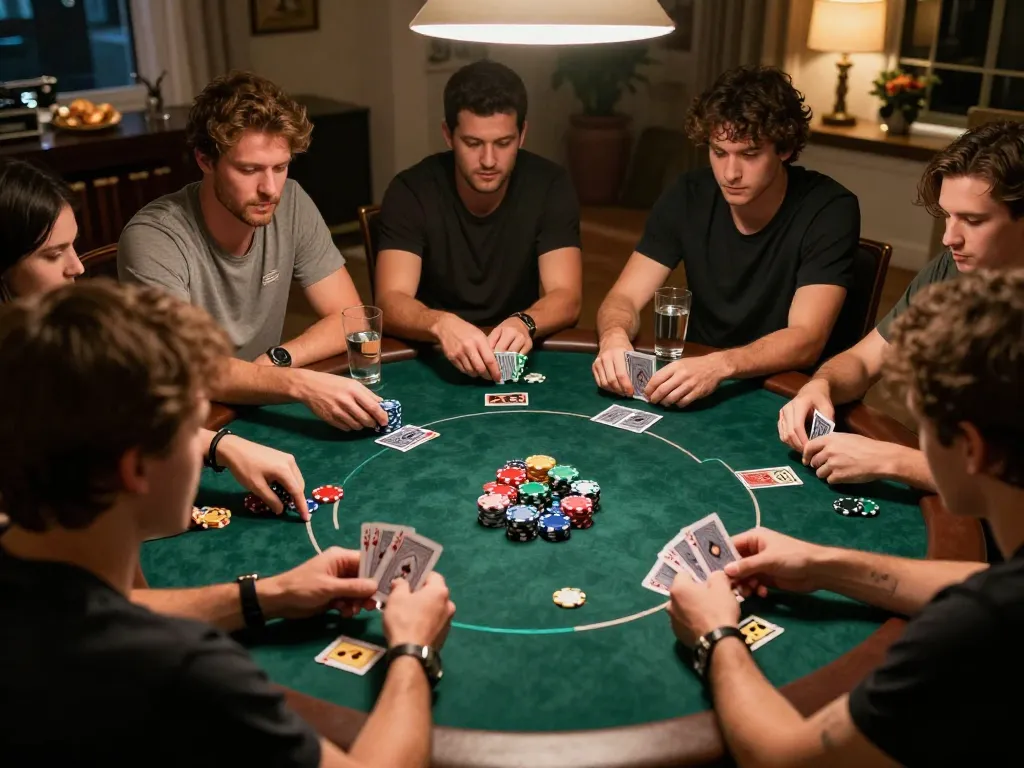 J88 players engaging in an intense poker game during a home night, capturing the thrill of strategic gambling.