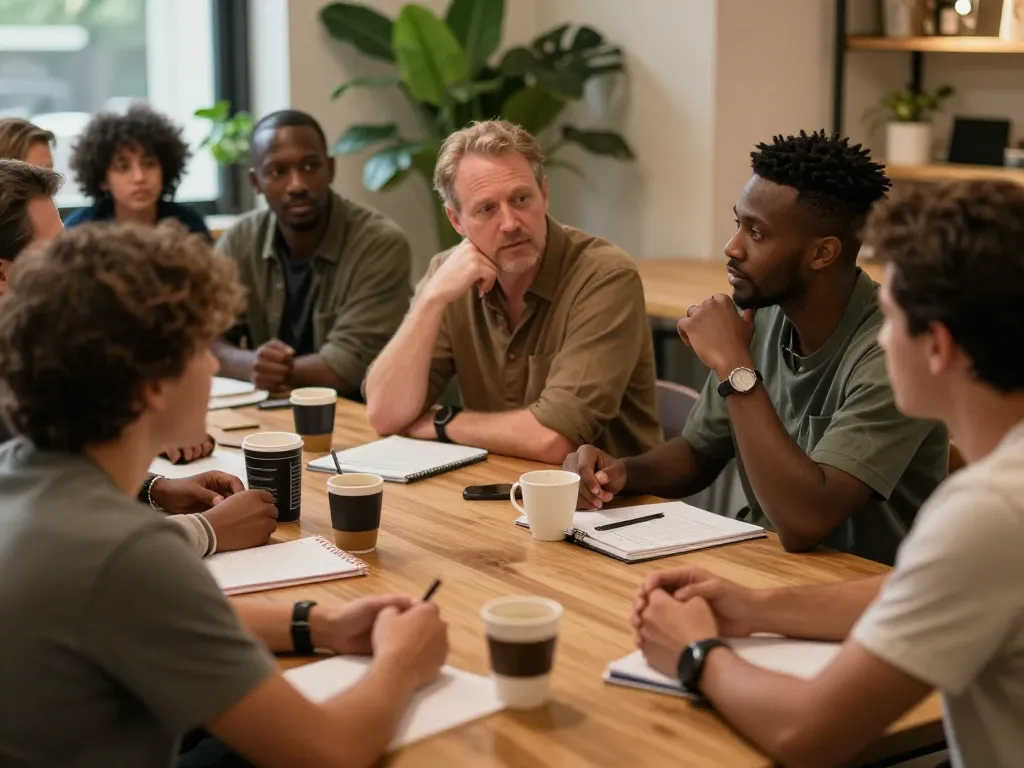 Men club gathering for support discussions in a warm environment