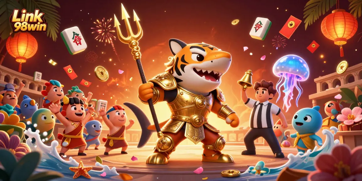 Experience the excitement of gambling with Link 98win in this dynamic, vibrant 3D illustration featuring casino elements.