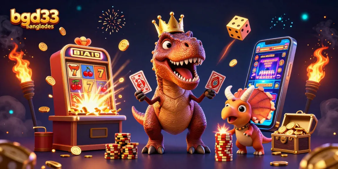Enjoy thrilling games with bgd33 banglades as a T-Rex and friends celebrate big wins in this vibrant casino scene.
