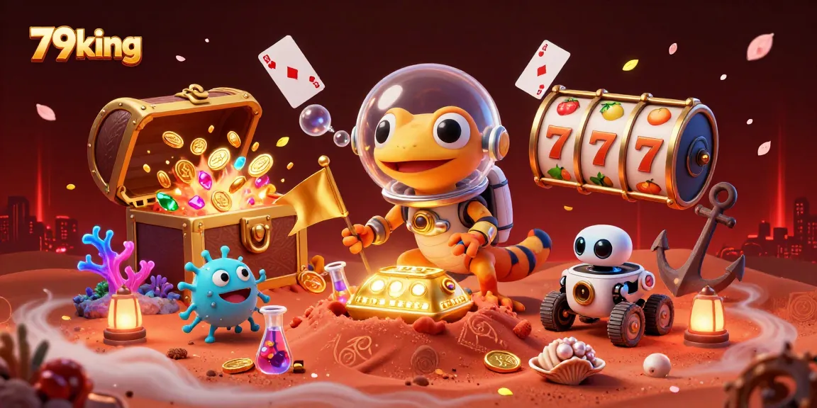Experience the excitement of 79king with a Martian gecko discovering a golden casino.