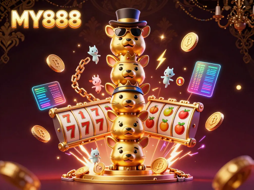 Engage in the vibrant MY888 gaming experience featuring lively totem poles and slot reels.