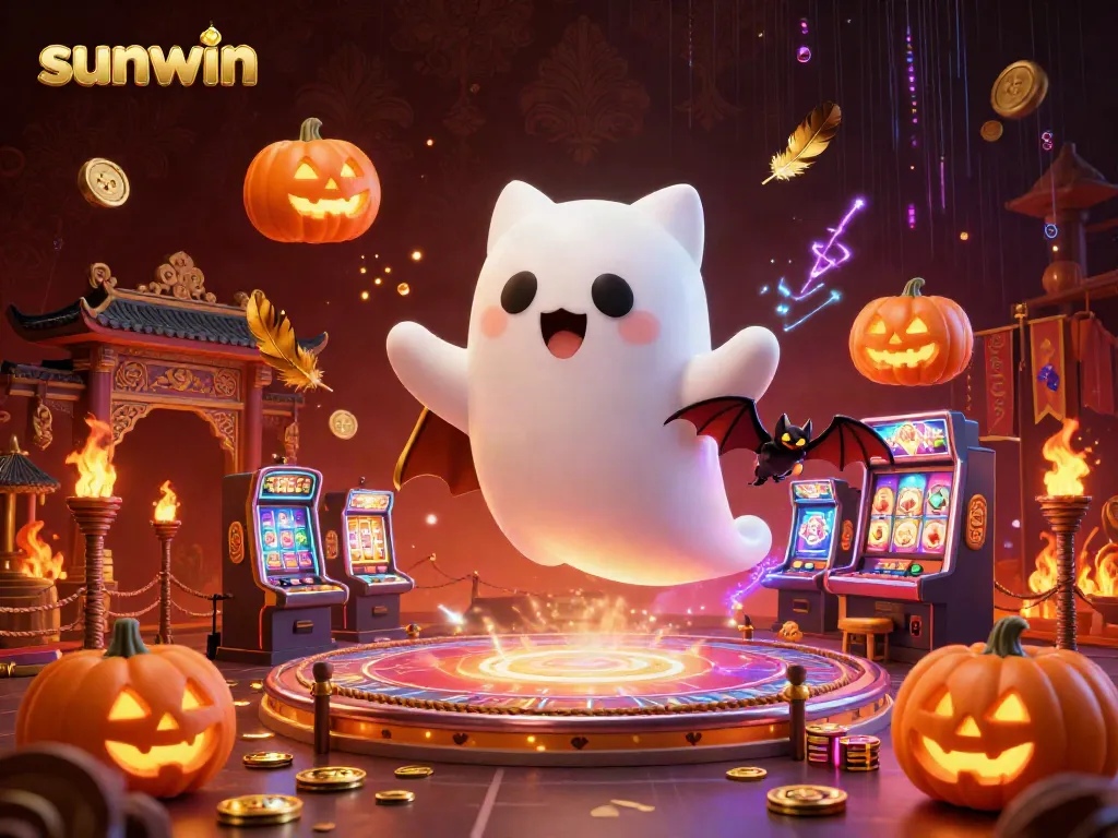 Experience thrilling gameplay with sunwin in this vibrant casino scene featuring a ghost cat and vampire bat.