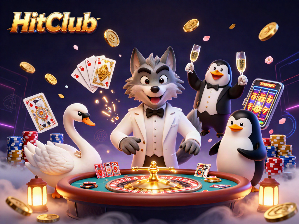 Experience the excitement of HitClub with a dazzling casino scene featuring iconic characters and vibrant game elements.