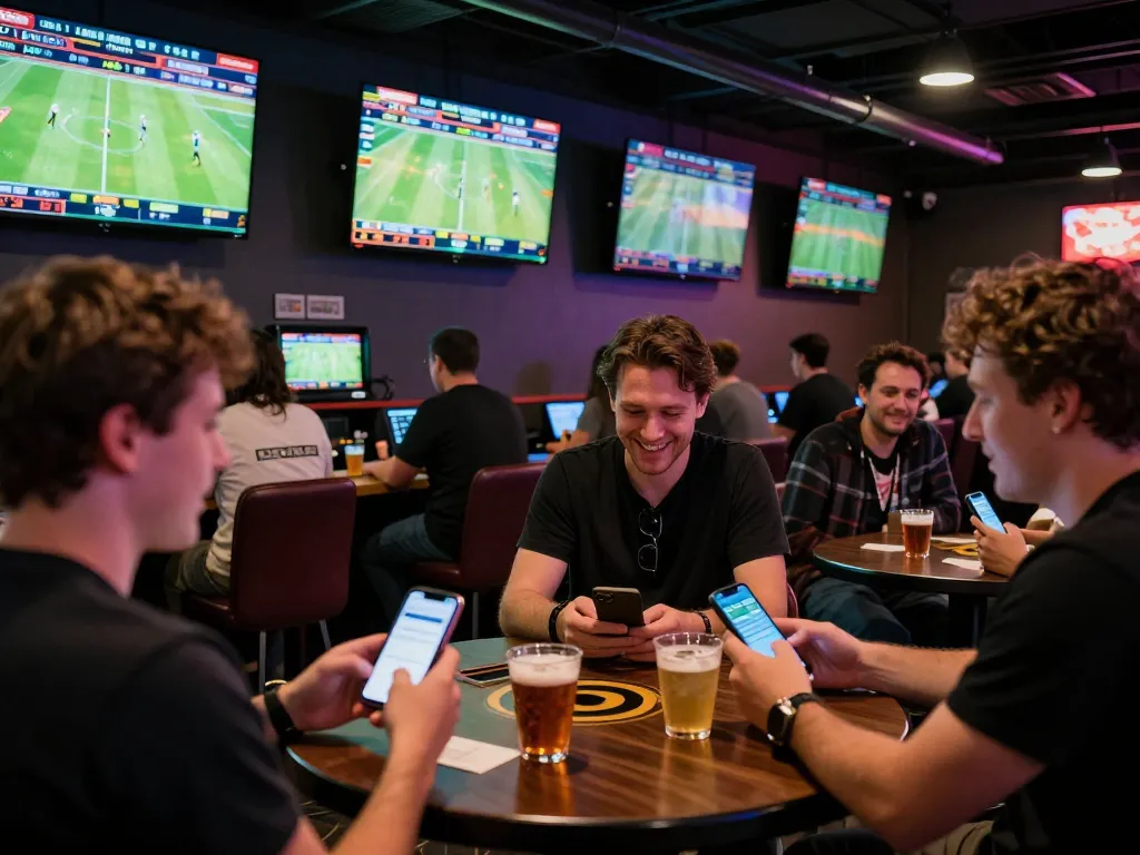 Fans engaging in live sports betting at a lounge, showcasing debet excitement and real-time betting.