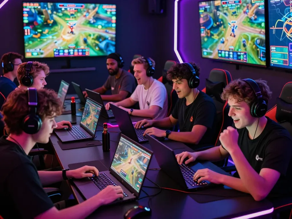 Diverse players enjoying their gaming experience on MMOO platform amidst lively gaming setup