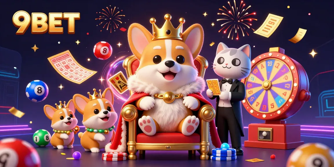 9BET's engaging casino experience illustrated with a royal corgi, dynamic elements, and vibrant games.