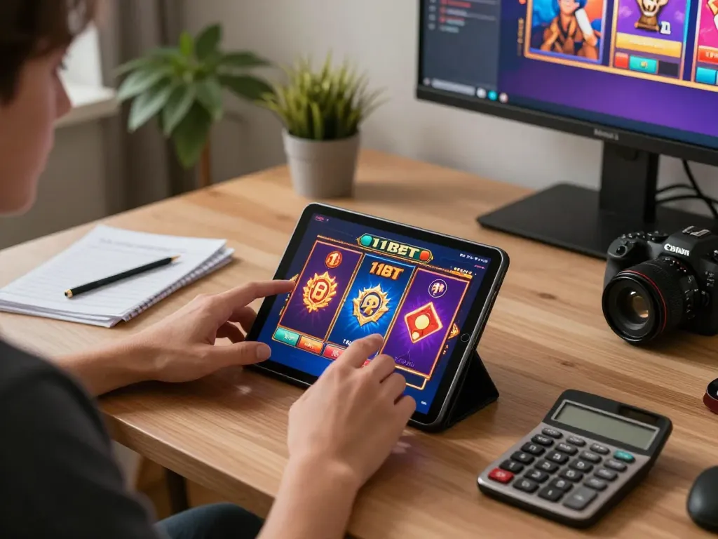 Player enjoying 11BET slots on a tablet in a cozy home environment, showcasing strategic gaming elements.