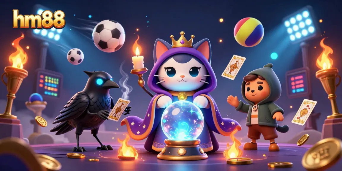 Engage with hm88's magical gaming experience, as a fortune teller cat and raven interact in a vibrant online casino scene.
