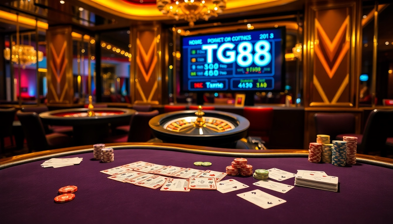 Engaging casino gameplay with TG88-themed betting slips and vibrant chips at a blackjack table.