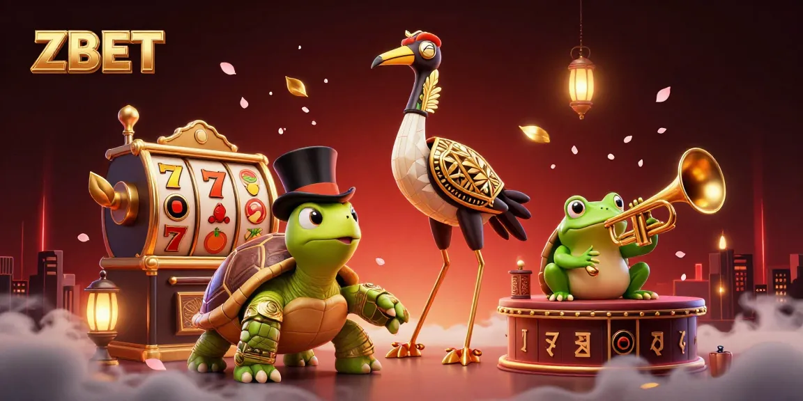 ZBET introduces exciting casino action with vibrant characters and slot reels amidst a festive backdrop.