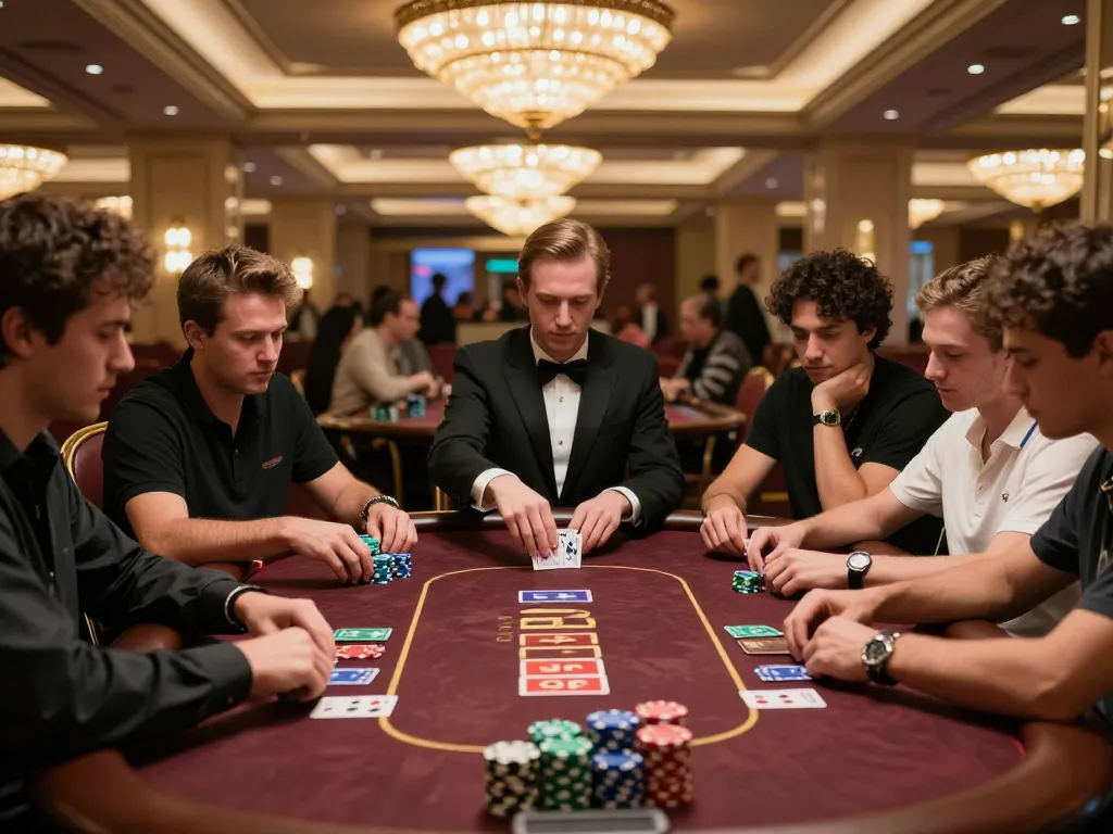 Players strategizing Texas Hold'em at 98win poker table in luxurious casino atmosphere.