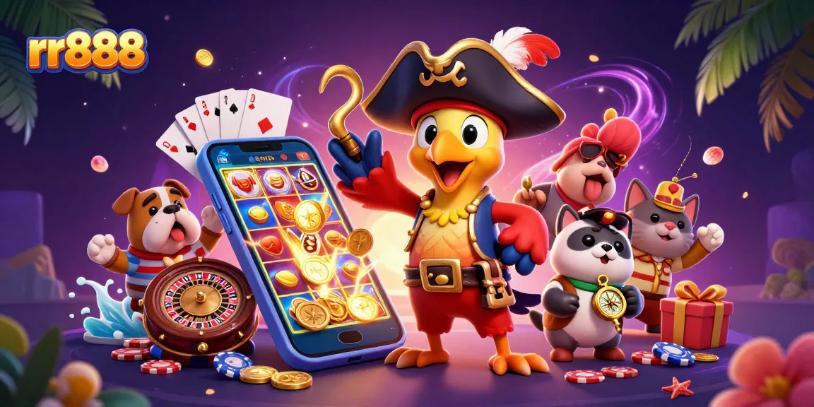 Play thrilling casino games like rr888 with a vibrant scene featuring a pirate captain and his crew, surrounded by popular gambling elements.