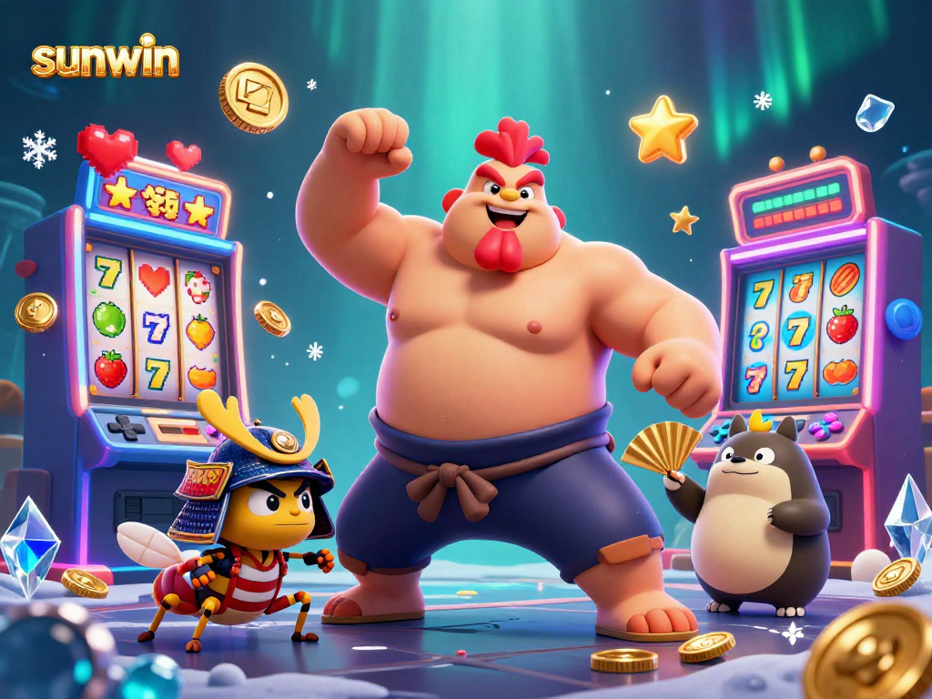 Experience thrilling gameplay with sunwin as a cartoon rooster sumo wrestler and friends animate a vibrant slot scene.