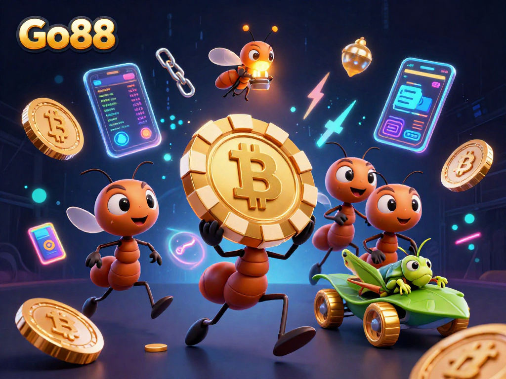 Go88 features a heist scene with ants carrying a giant poker chip amidst vibrant gambling elements.