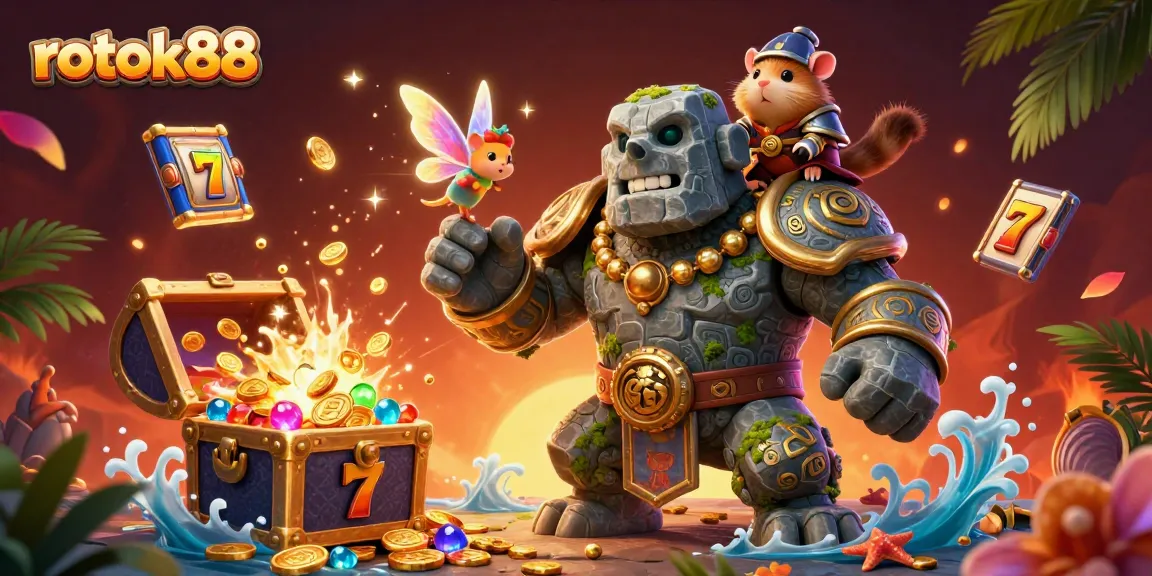 Experience thrilling action with rokok88 as the golem guardian protects mythical treasures in a vibrant casino adventure.