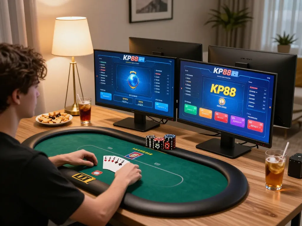 Player immerses in online poker gaming on KP88 platform, showcasing strategic gameplay and comfortable setup