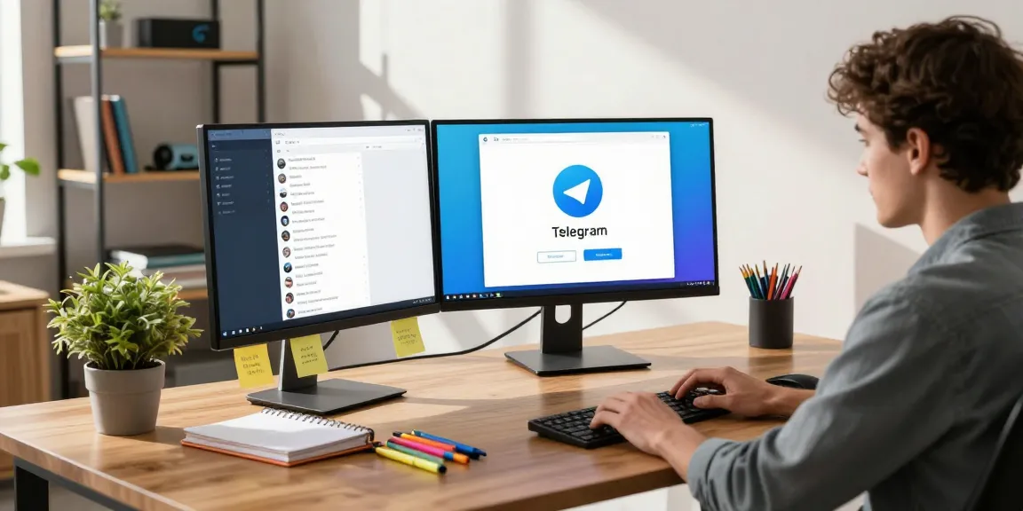 The workspace featuring a professional using the Telegram web version on dual monitors with a dynamic office setup.