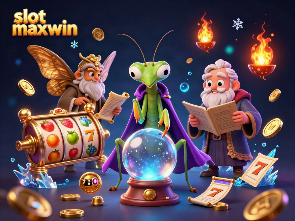 Experience the thrilling slot maxwin with a vibrant 3D scene of a fortune teller and a moth librarian.
