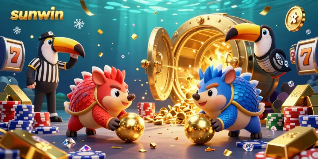 Engage with the sunwin experience as rival pangolins bowl through poker chips in a vibrant casino scene.