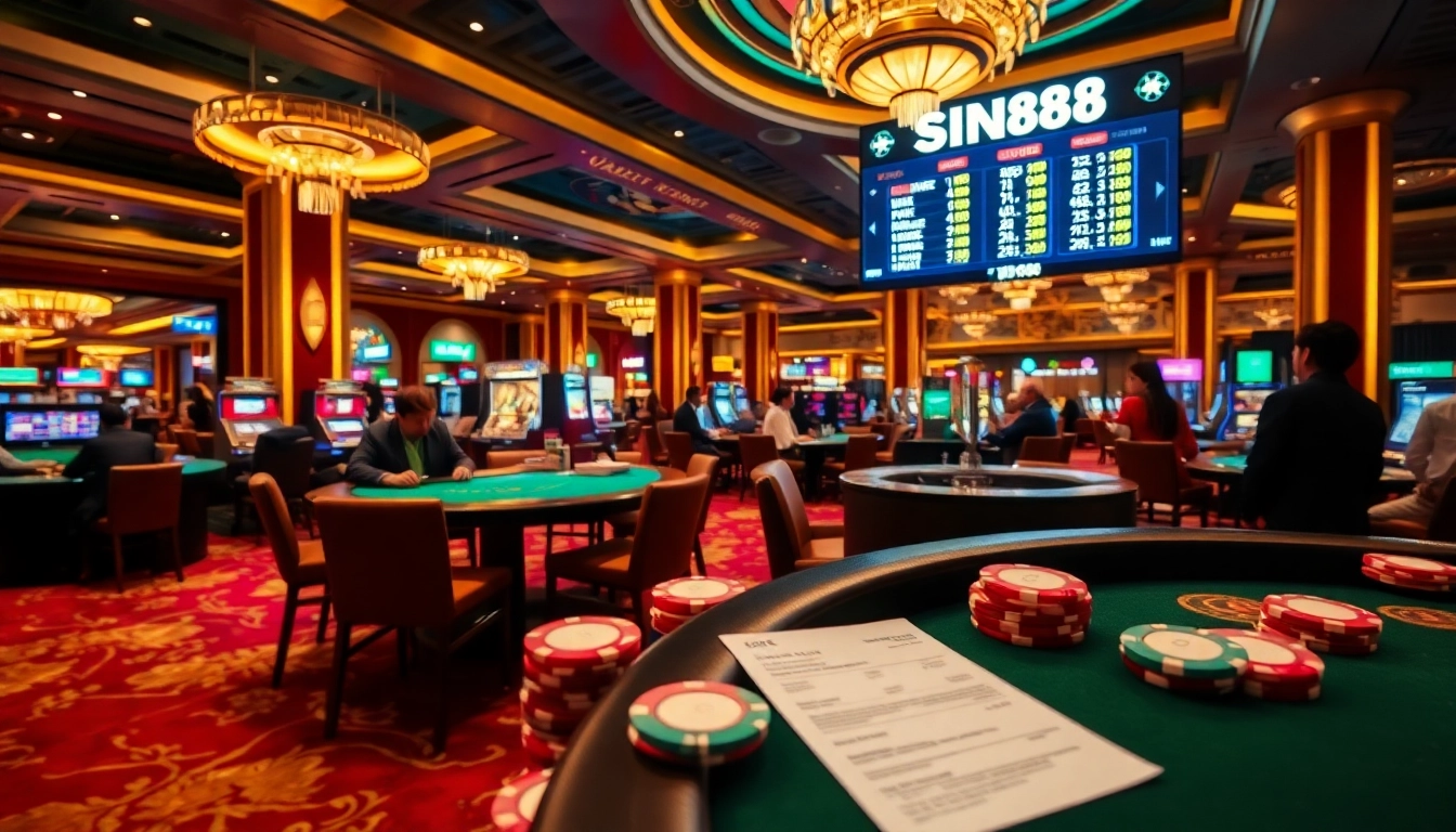 SIN88 casino scene showcasing players at gaming tables with vibrant colors and luxury elements.